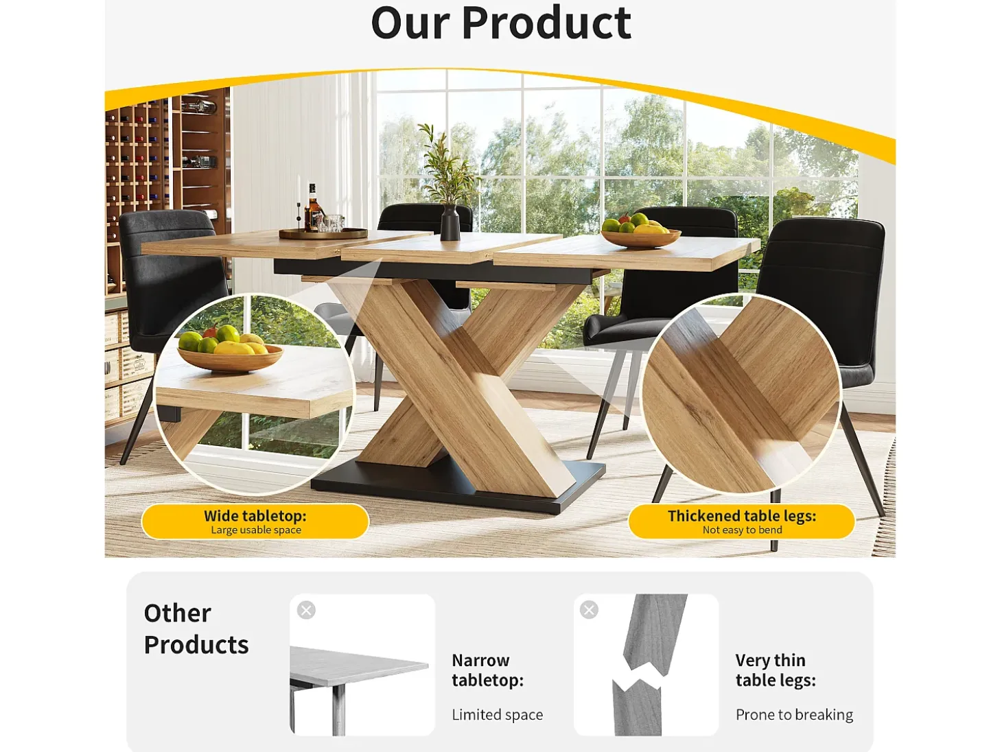 Mesa de comedor retráctil 158,5 x 80 cm - 6 a 8 personas - MDF - Natural