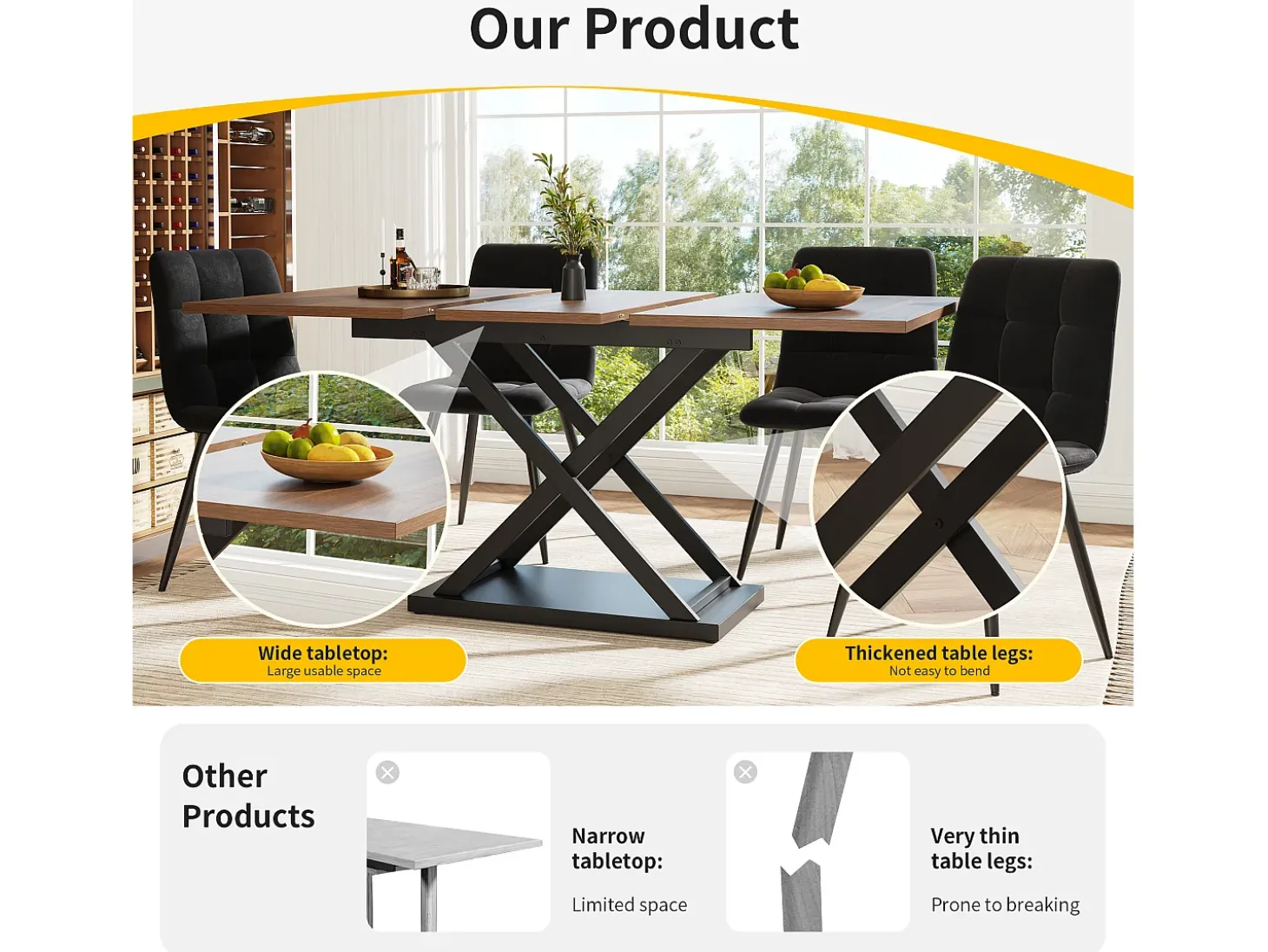 Mesa de comedor retráctil - MDF y metal - tapa con efecto de veta de madera - Marrón