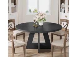 Mesa de comedor rústica, mesa redonda de 120 cm para 4 personas, mesa de comedor negra