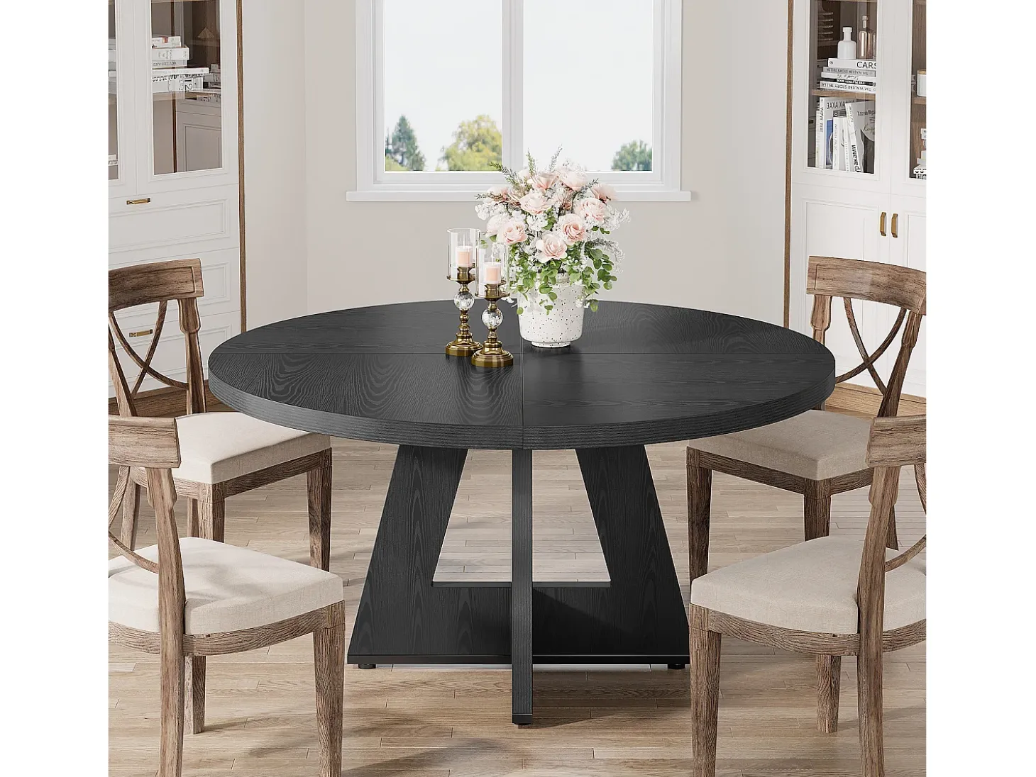 Mesa de comedor rústica, mesa redonda de 120 cm para 4 personas, mesa de comedor negra