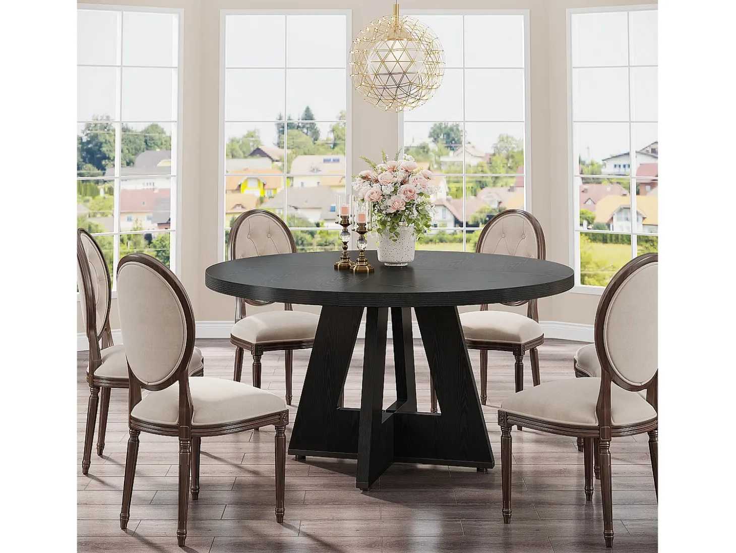 Mesa de comedor rústica, mesa redonda de 120 cm para 4 personas, mesa de comedor negra