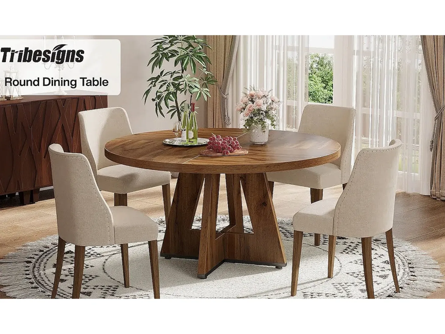 Mesa de comedor rústica, mesa redonda de 120 cm para 4 personas, mesa de comedor rústica