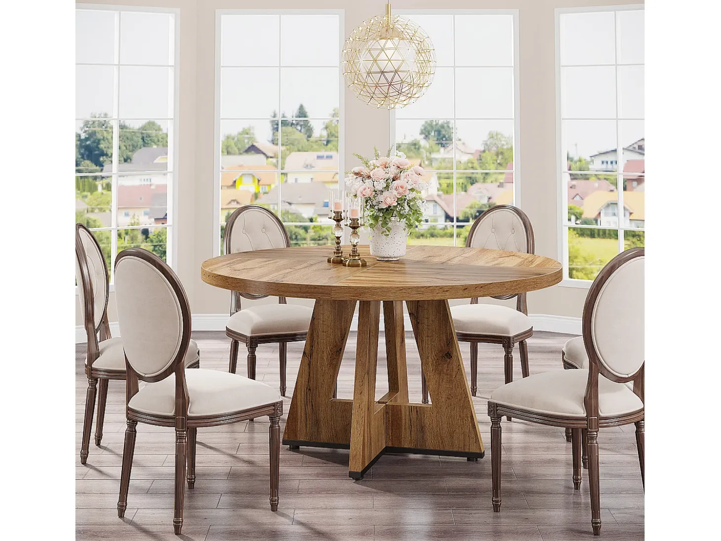 Mesa de comedor rústica, mesa redonda de 120 cm para 4 personas, mesa de comedor rústica