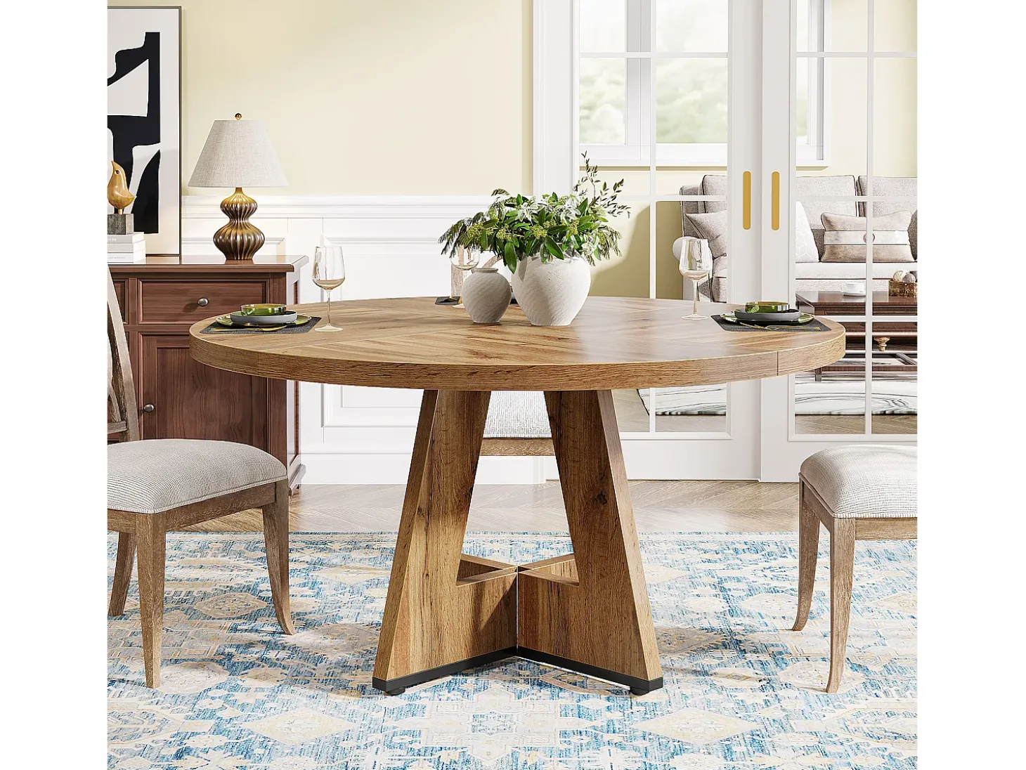 Mesa de comedor rústica, mesa redonda de 120 cm para 4 personas, mesa de comedor rústica