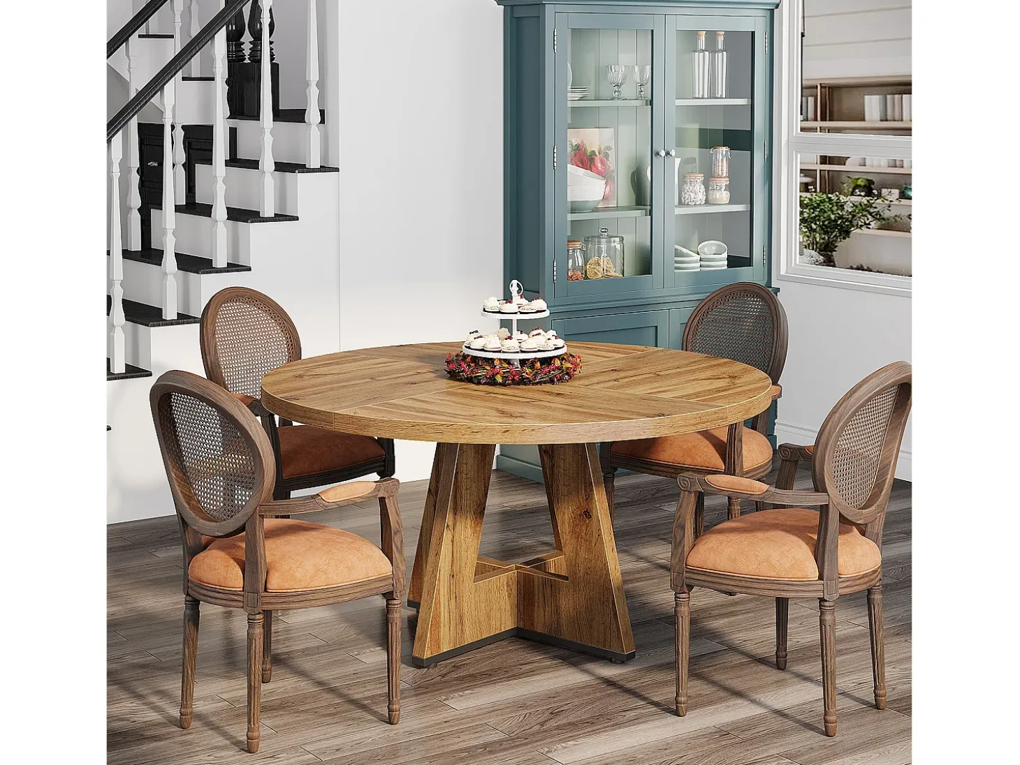 Mesa de comedor rústica, mesa redonda de 120 cm para 4 personas, mesa de comedor rústica
