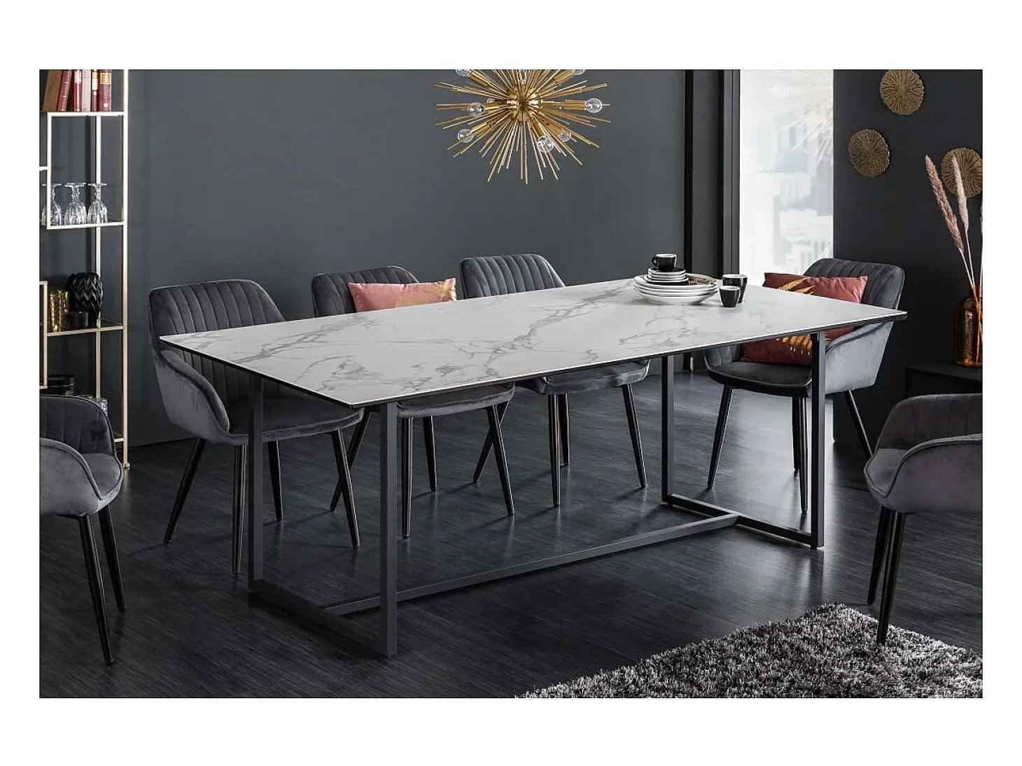 Mesa de comedor SIRAVA – Rectangular 200 cm – Efecto mármol blanco y estructura metálica