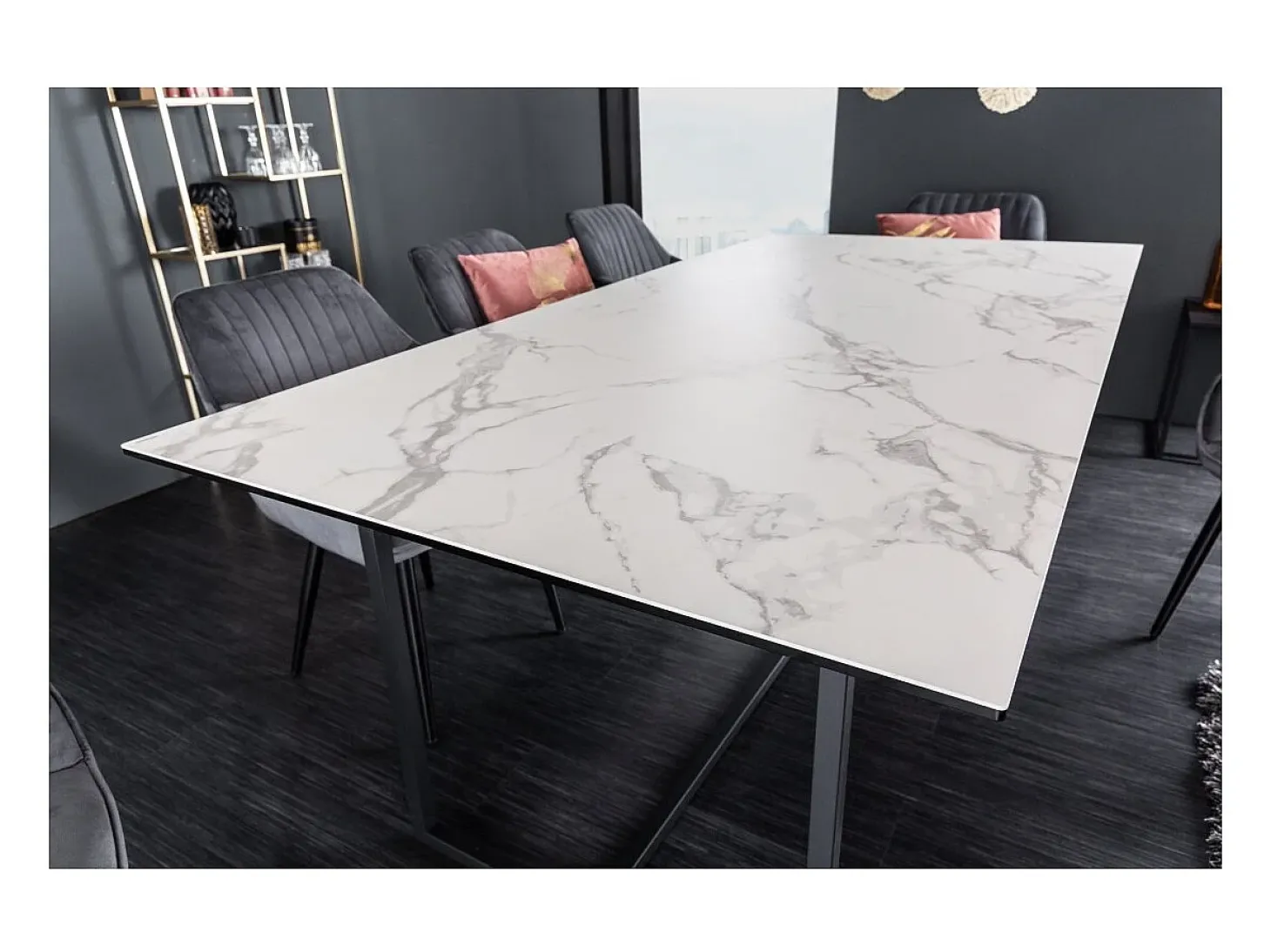 Mesa de comedor SIRAVA – Rectangular 200 cm – Efecto mármol blanco y estructura metálica