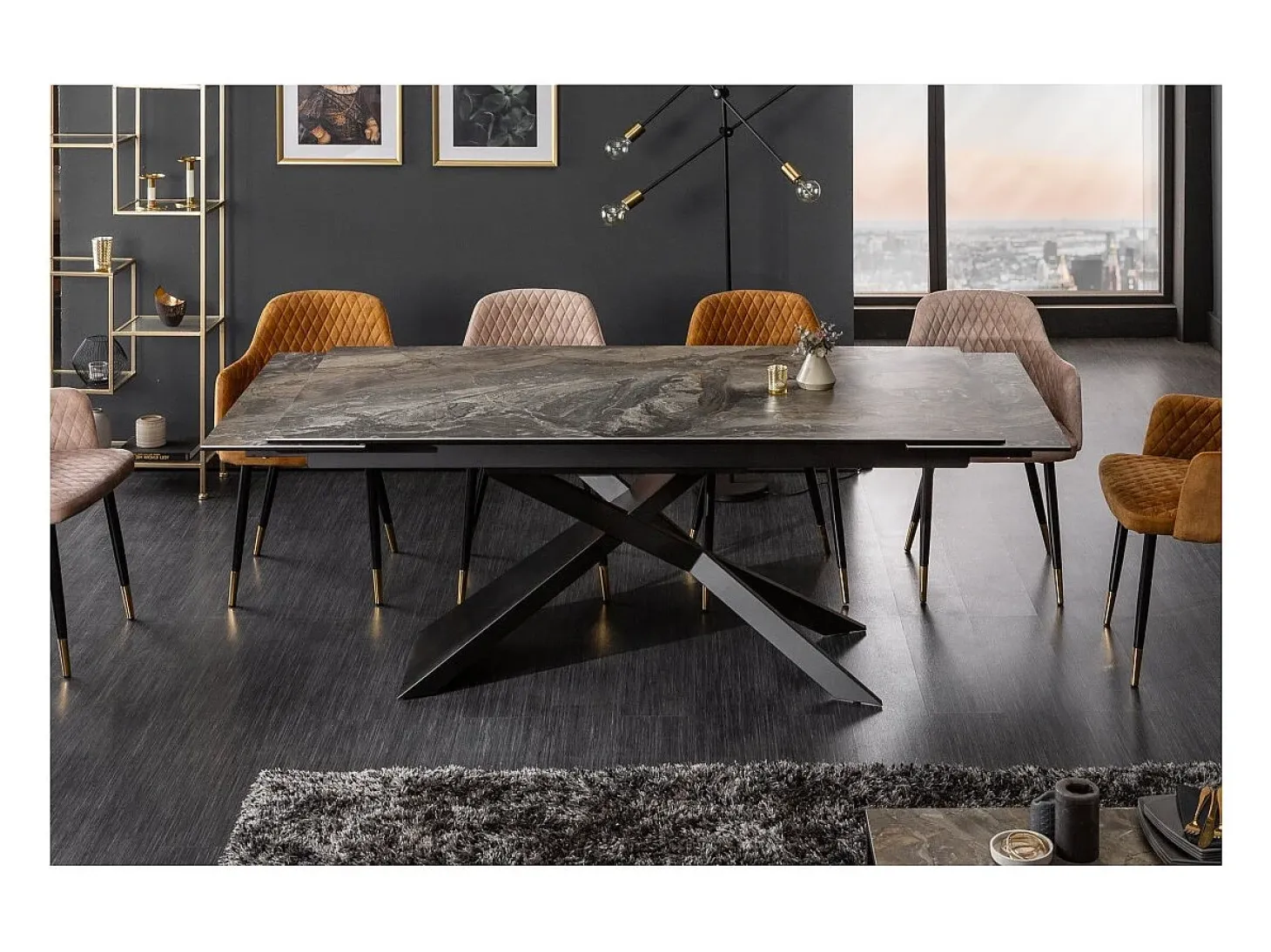 Mesa de comedor STELIX 180–220–260 cm – Tablero de cerámica efecto mármol y vidrio templado