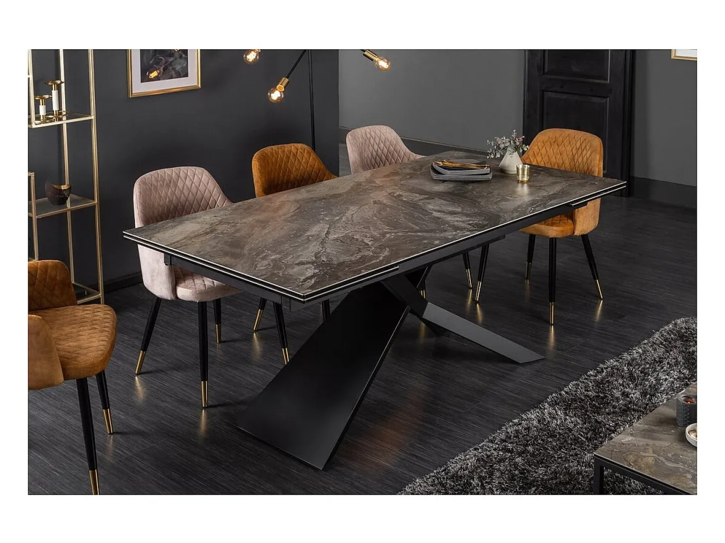 Mesa de comedor STELIX 180–220–260 cm – Tablero de cerámica efecto mármol y vidrio templado