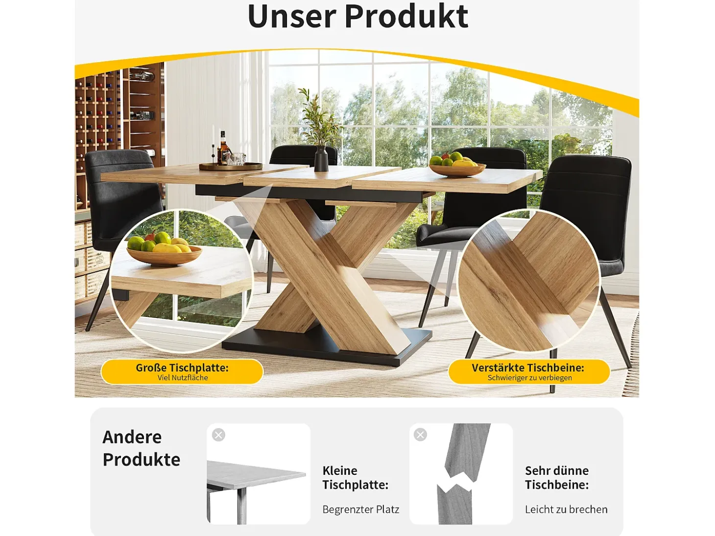 Mesa de comedor telescópica extensible (119-158,5x80 cm), con insertos interiores, para cocina y comedor, en MDF, color madera natural