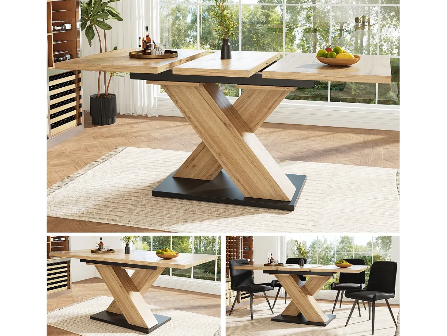 Mesa de comedor telescópica extensible (119-158,5x80 cm), con insertos interiores, para cocina y comedor, en MDF, color madera natural