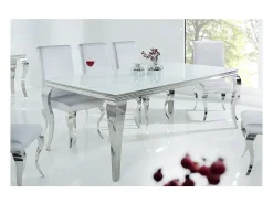 Mesa de comedor VELENA – Acero plateado y vidrio opalino – 200 cm – Estilo barroco moderno
