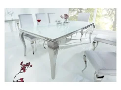 Mesa de comedor VELENA – Acero plateado y vidrio opalino – 200 cm – Estilo barroco moderno