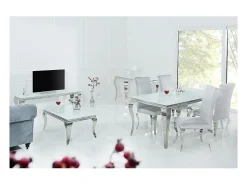 Mesa de comedor VELENA – Acero plateado y vidrio opalino – 200 cm – Estilo barroco moderno