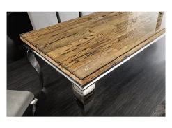 Mesa de comedor VELENA – Rectangular 200 cm – Madera de teca, vidrio y acero plateado – Estilo barroco chic