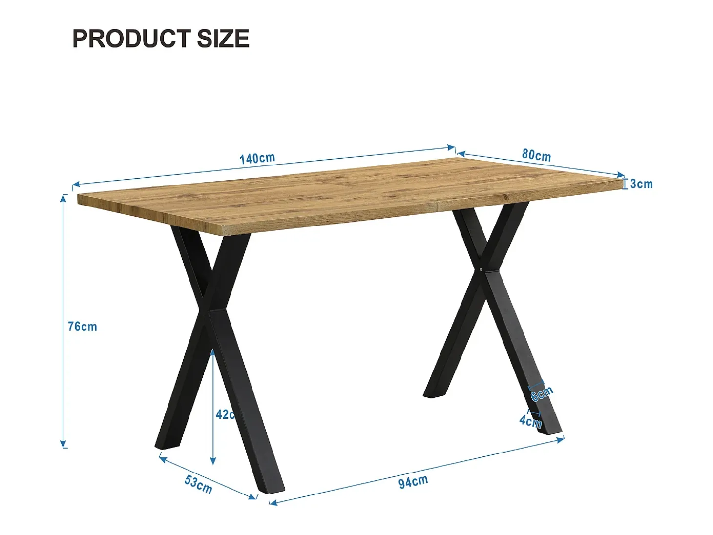 Mesa de comedor 140x80cm con patas de metal - Tablero imitación madera - Natural claro y negro