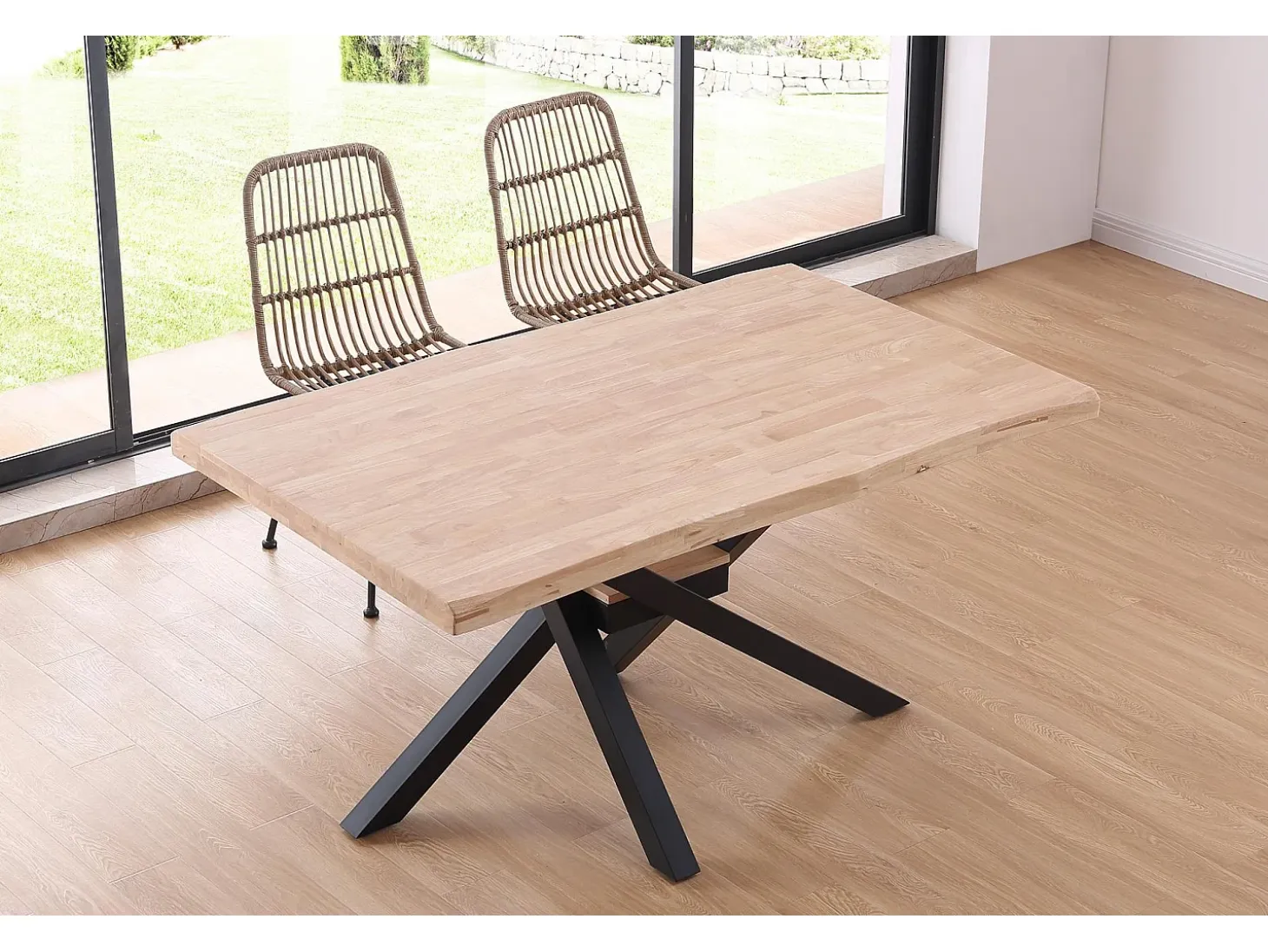 Mesa de comedor Xena forma patas cruzadas tapa irregular roble Nordish/negro 76x150x90 cm Adec