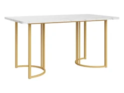 Mesa de comedor 140x80x75 cm, de metal, rectangular en mármol moderno, patas ajustables, color blanco/oro.