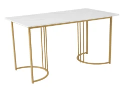 Mesa de comedor 140x80x75 cm, de metal, rectangular en mármol moderno, patas ajustables, color blanco/oro.