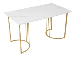 Mesa de comedor 140x80x75 cm, de metal, rectangular en mármol moderno, patas ajustables, color blanco/oro.