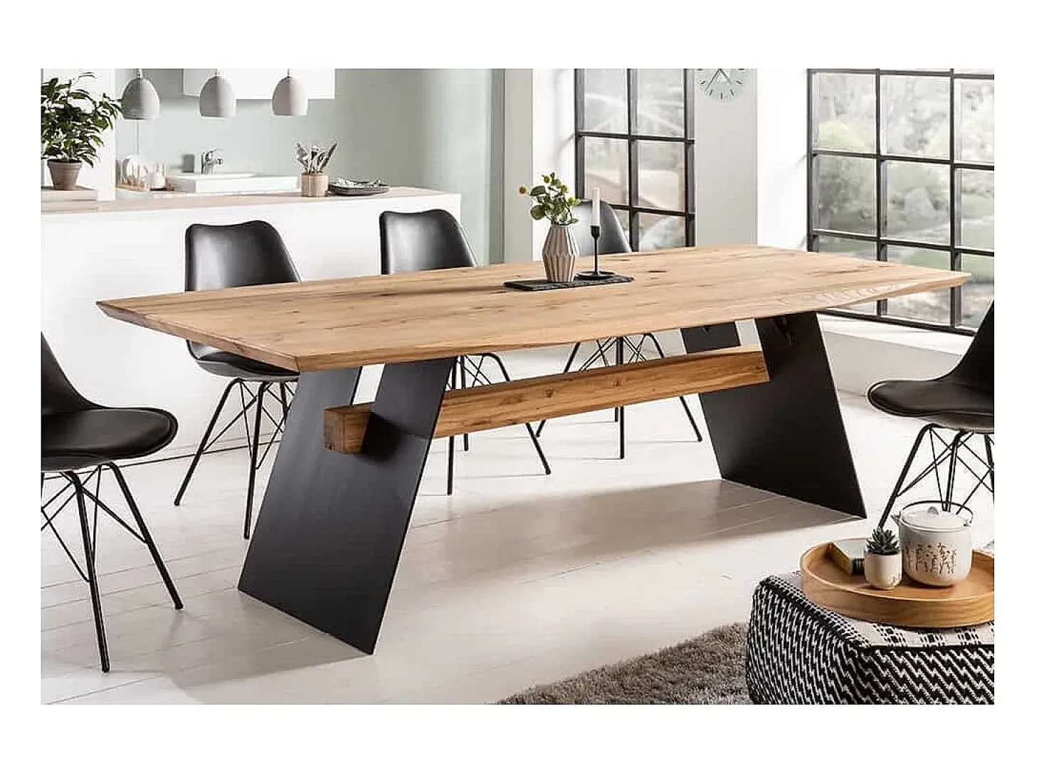 Mesa de comedor ZENTOR 200 cm – Tablero de roble salvaje y patas de metal negro – Estilo industrial de alta gama