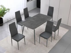 Mesa de Cristal Templado 140cm + 6 Sillas Polipiel. Comedor o Cocina, Negro