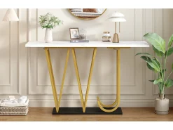 Mesa de entrada - 120 x 29,5 x 80 cm - mesa de comedor de madera - tablero efecto mármol - MDF + metal - blanco