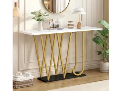 Mesa de entrada - 120 x 29,5 x 80 cm - mesa de comedor de madera - tablero efecto mármol - MDF + metal - blanco