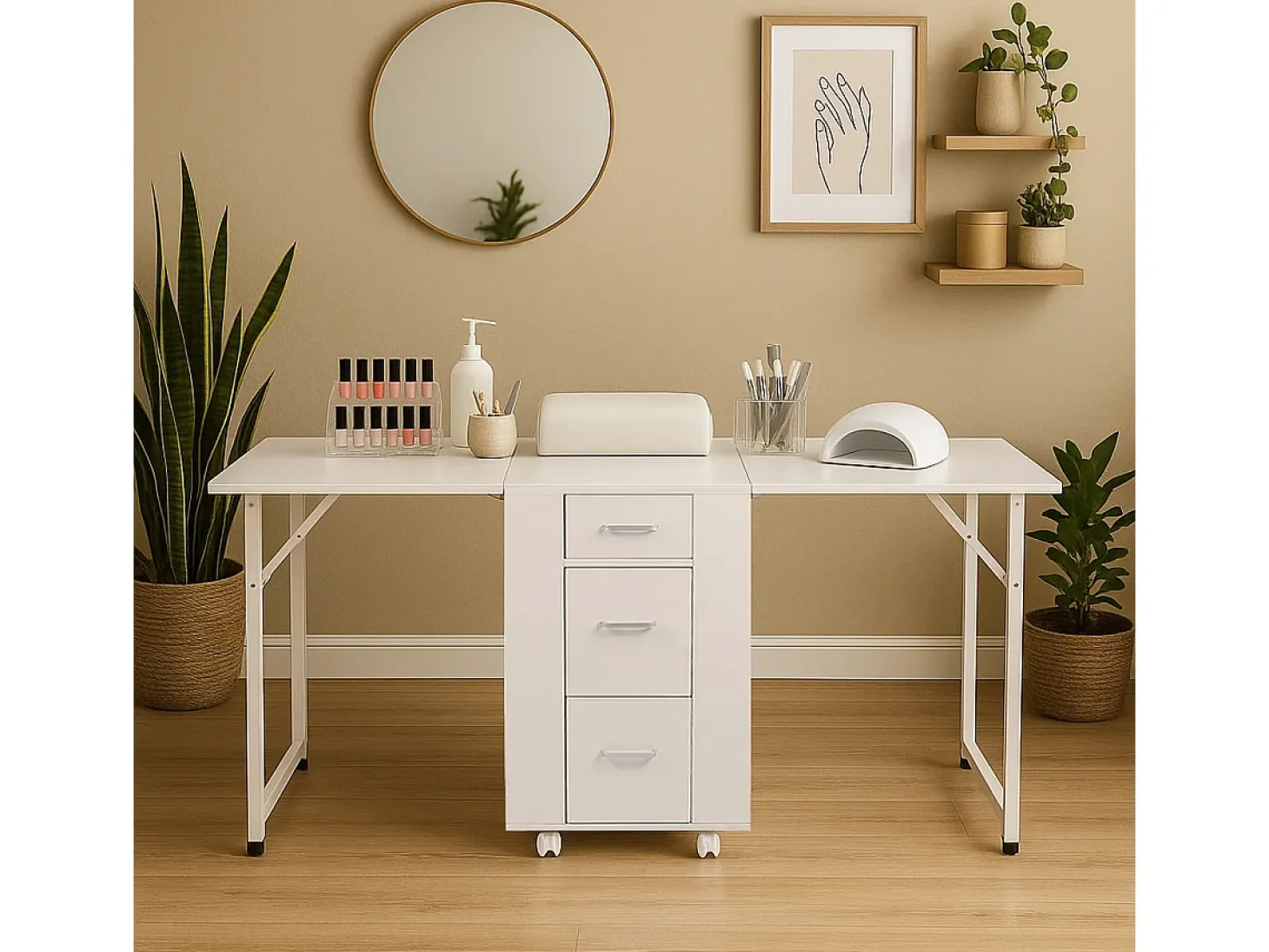 Mesa de esteticista y manicura compacta con doble mesa y ruedas Dabol