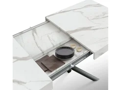 Mesa de madera, acabado estatuario blanco, patas negras, extensible 140x90-220x90 - CARRARA