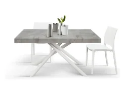 Mesa de madera, acabado gris, base de metal pintada en blanco, 180×90–260×90 - CARRARA