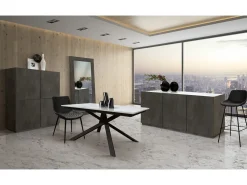 Mesa de madera, acabado mármol blanco, base negra, extensible 160x90 - VOLPAIA