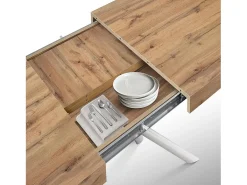 Mesa de madera, acabado roble, base de metal pintada en blanco, 180×90–260×90 - CARRARA