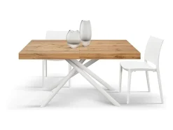 Mesa de madera, acabado roble, base de metal pintada en blanco, 180×90–260×90 - CARRARA