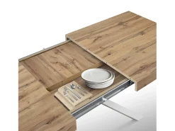 Mesa de madera, acabado roble, base en X de metal blanco, 180×90–260×90 - CAMAIORE