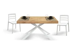 Mesa de madera, acabado roble, base en X de metal blanco, 180×90–260×90 - CAMAIORE