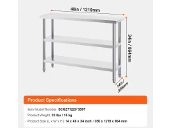 Mesa de Trabajo Cocina SucceBuy 35,6x121,9 cm, Mesa de Trabajo de Cocina Comercial en Acero Inoxidable