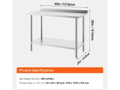 Mesa de Trabajo de Acero Inoxidable SucceBuy, 610 x 1219 mm, Mesa de Preparación de Alimentos para Cocinas Comerciales