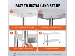 Mesa de Trabajo de Cocina SucceBuy 76 x 152 cm, Mesa de Trabajo en Acero Inoxidable con 4 Ruedas