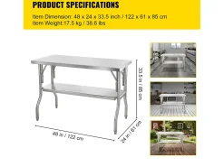 Mesa de Trabajo de Cocina SucceBuy 121.92x60.96 cm Acero Inoxidable, Mesa de Preparación Comercial Plegable