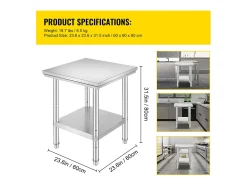 Mesa de Trabajo de Cocina SucceBuy, Mesa de Preparación en Acero Inoxidable, 60.96x60.96x78.74 cm