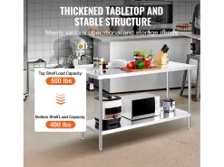 Mesa de Trabajo de Cocina SucceBuy, Mesa de Trabajo en Acero Inoxidable 60.96x152.4 cm, Comercial