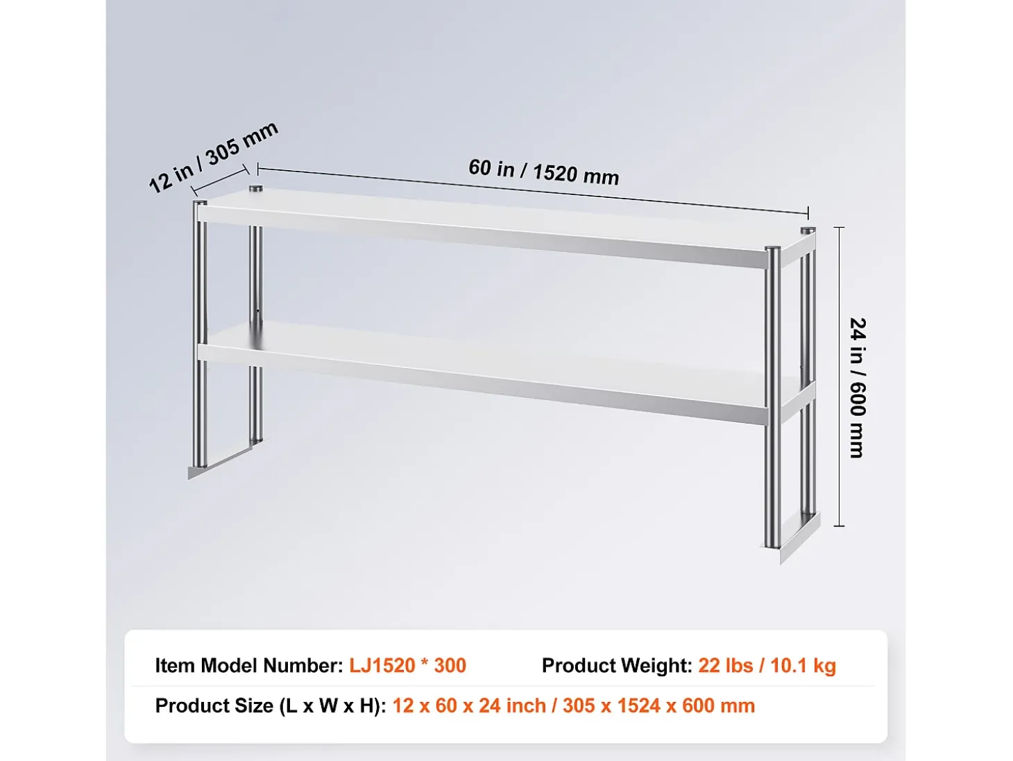 Mesa de Trabajo Doble con 2 Niveles SucceBuy, 305 x 1524 mm en Acero, Inoxidable para Mesa de Preparación