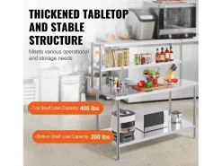 Mesa de Trabajo Doble con 2 Niveles SucceBuy, 305 x 1524 mm en Acero, Inoxidable para Mesa de Preparación