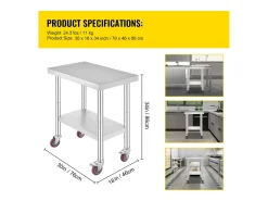 Mesa de Trabajo en Acero Inoxidable SucceBuy, 76x46x86 cm, Capacidad de Carga 100 kg, 4 Rodillos, para Cocina Comercial, Restaurante