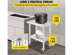 Mesa de Trabajo en Acero Inoxidable SucceBuy, 76x46x86 cm, Capacidad de Carga 100 kg, 4 Rodillos, para Cocina Comercial, Restaurante