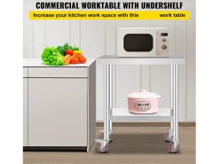 Mesa de Trabajo en Acero Inoxidable SucceBuy, 76x46x86 cm, Capacidad de Carga 100 kg, 4 Rodillos, para Cocina Comercial, Restaurante