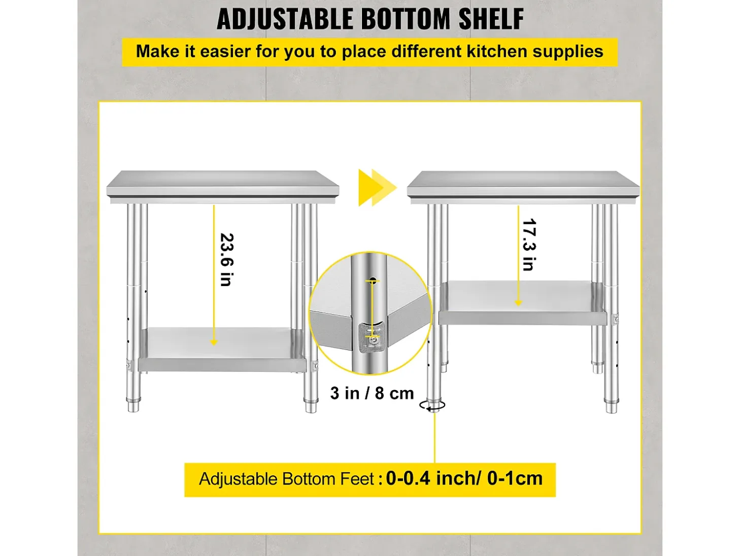 Mesa de Trabajo en Acero Inoxidable 60x76x80 cm, 2 Pisos, para Preparación de Cocina de Alimentos y Comidas, Hoteles, Oficinas, Hospitales