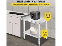 Mesa de Trabajo en Acero Inoxidable 60x76x80 cm, 2 Pisos, para Preparación de Cocina de Alimentos y Comidas, Hoteles, Oficinas, Hospitales