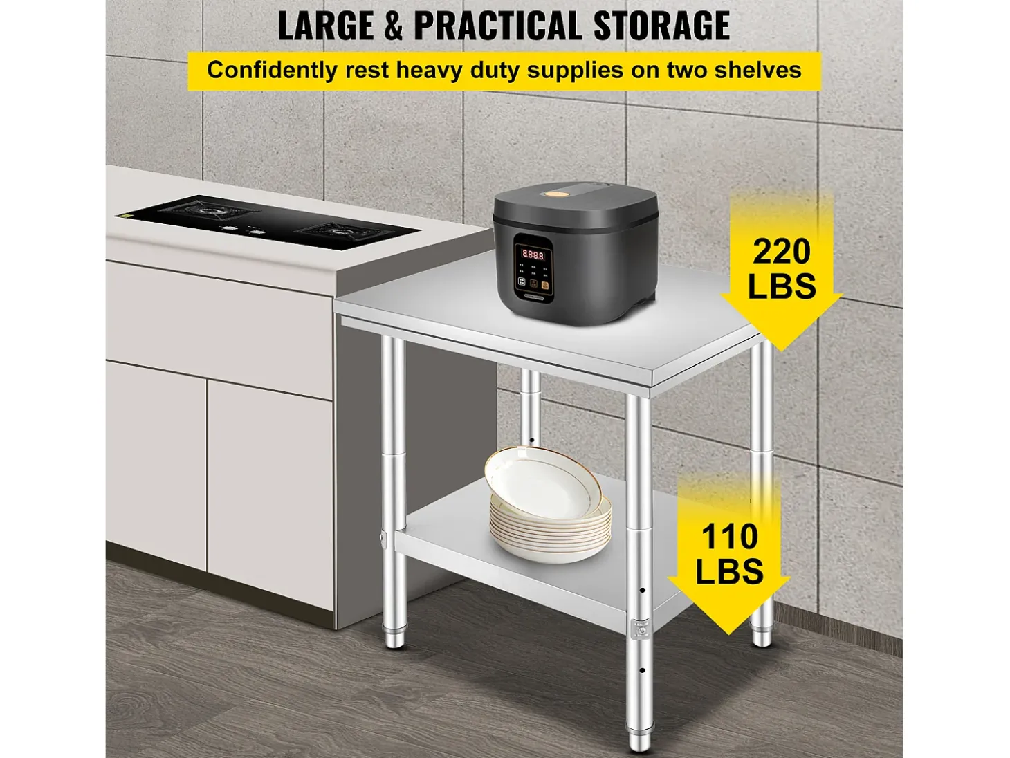 Mesa de Trabajo en Acero Inoxidable 60x76x80 cm, 2 Pisos, para Preparación de Cocina de Alimentos y Comidas, Hoteles, Oficinas, Hospitales